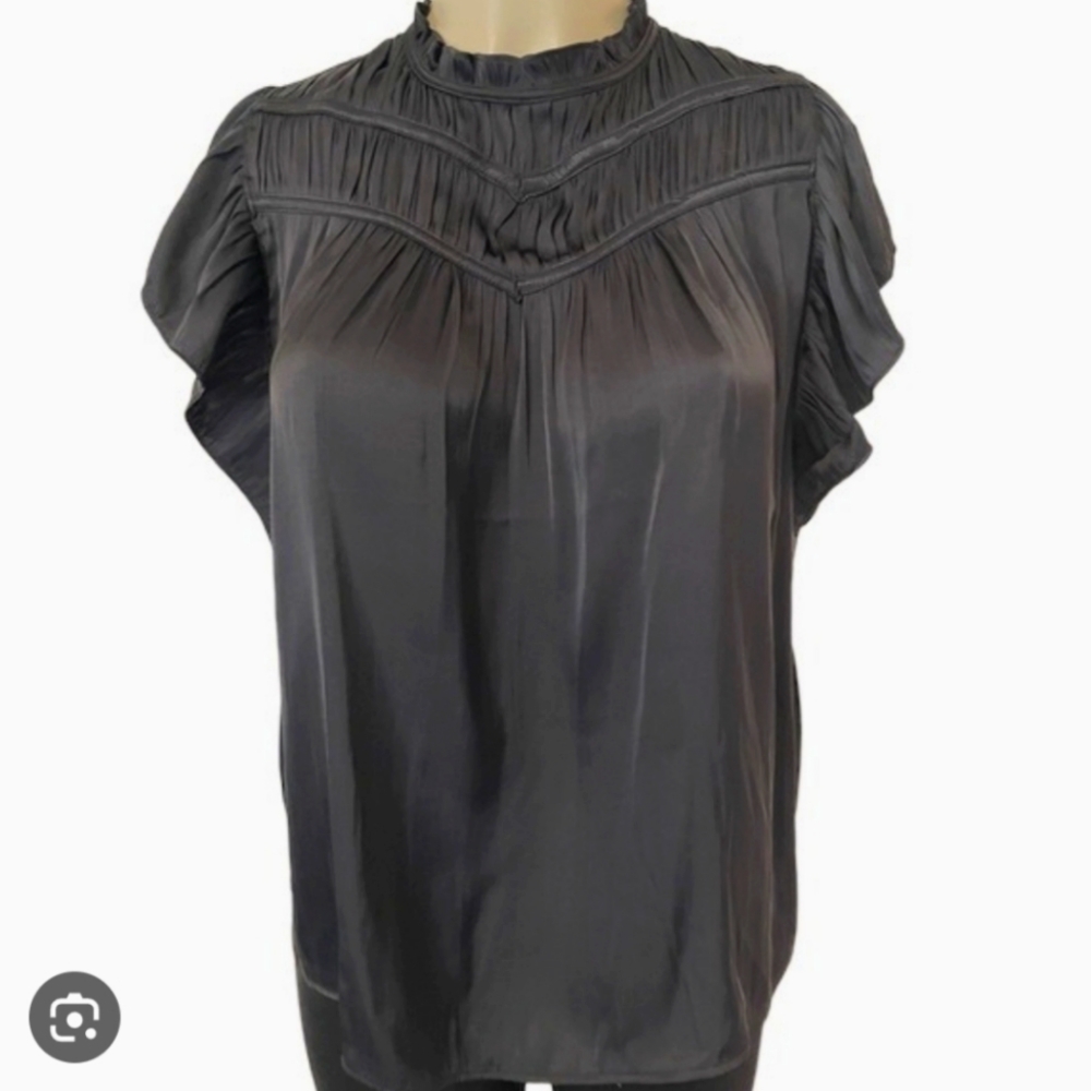 Joie Women Black Flutter Sleeve Ruffle Neck Pleated Pintuck Top Blouse XS EUC